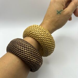 Vintage 1960-1970’s Woven Brown and Tan Rattan Bangles